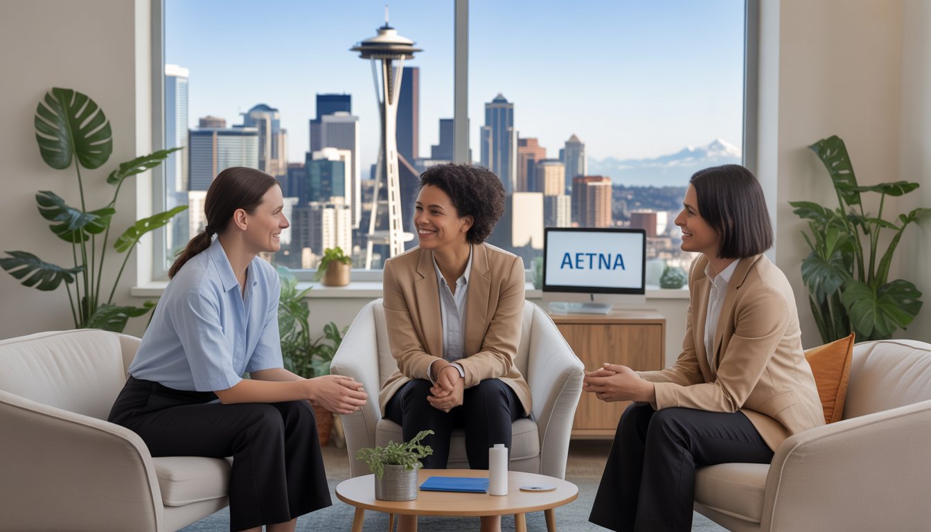 Three therapists having a supportive conversation in a bright counseling office with a Seattle city view through the window.