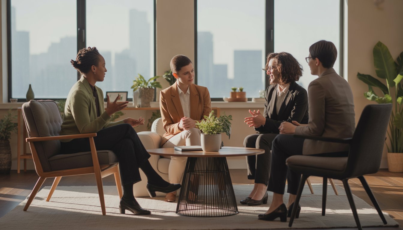 Three therapists of diverse backgrounds talking around a table in a bright office with a view of the Seattle skyline.