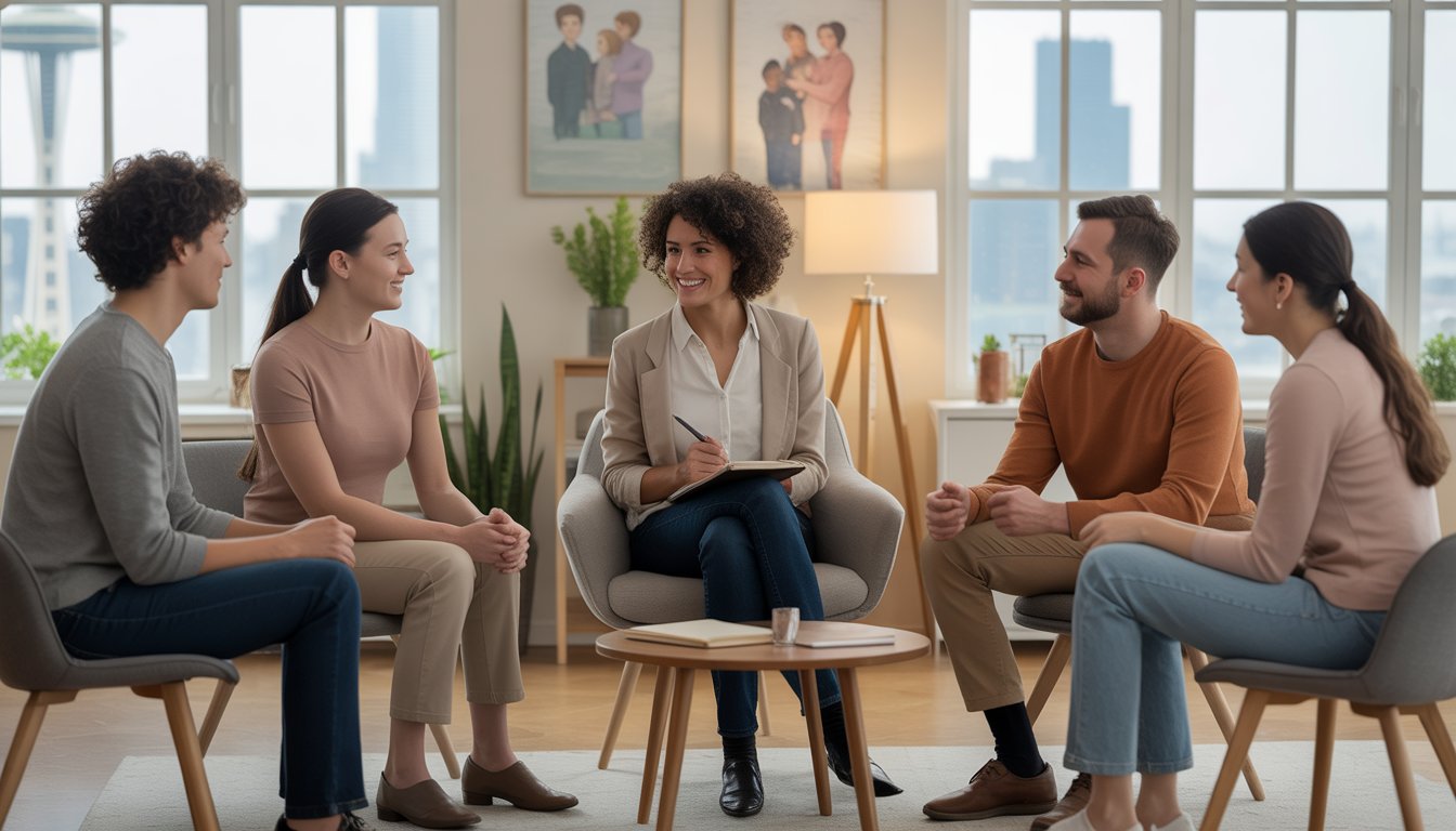 A therapist meeting with three diverse couples in a bright office with large windows overlooking Seattle, showing a supportive group therapy session.