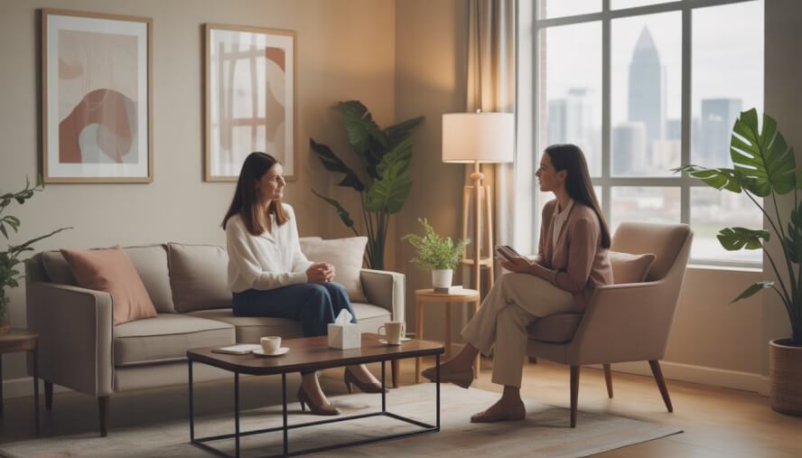 A female therapist listens attentively to a woman in a comfortable therapy office with soft lighting and plants.
