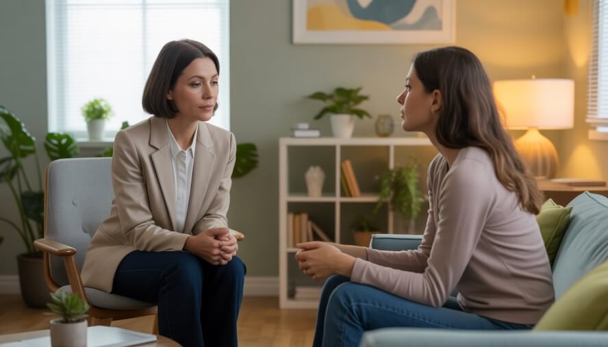 A therapist and a client sitting in a warmly lit office, engaged in a supportive conversation.