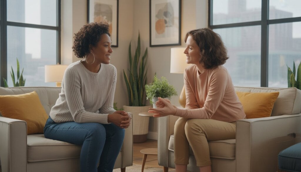 A counselor and client having a supportive conversation in a comfortable counseling office with a view of Baltimore city in the background.
