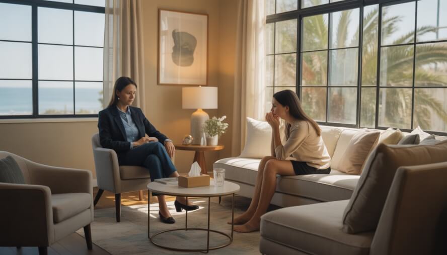 A therapist attentively listening to a woman in a bright, cozy therapy room with ocean and palm trees visible through the window.