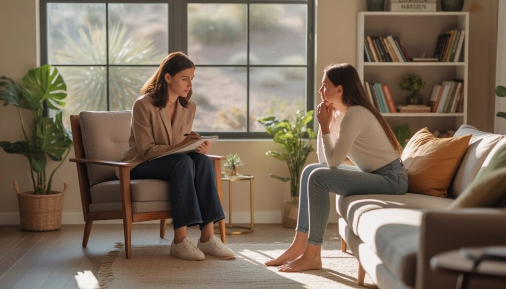 A therapist attentively listens to an emotional woman in a sunlit therapy office with plants and books.