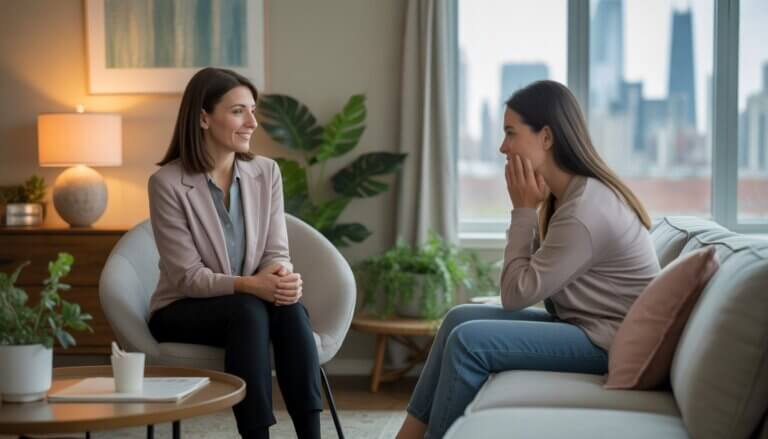 A therapist attentively listening to a woman in a cozy therapy office with a window showing a city view.
