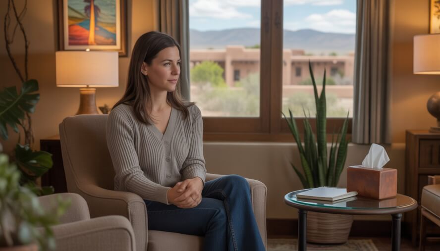 A female therapist attentively listening in a warm office with adobe-style window view and calming decor.