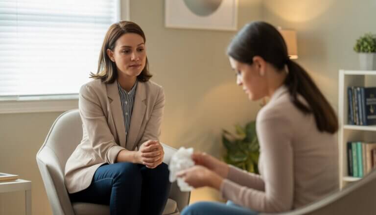 A female therapist attentively listening to an emotional female client in a warm and calming therapy office.