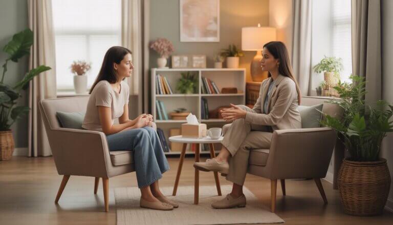 A female therapist attentively listens to an emotional woman in a comfortable therapy office with soft lighting and calming decor.