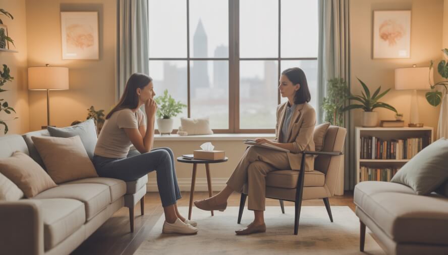 A female therapist attentively listening to a woman in a cozy therapy office with a view of Pittsburgh in the background.