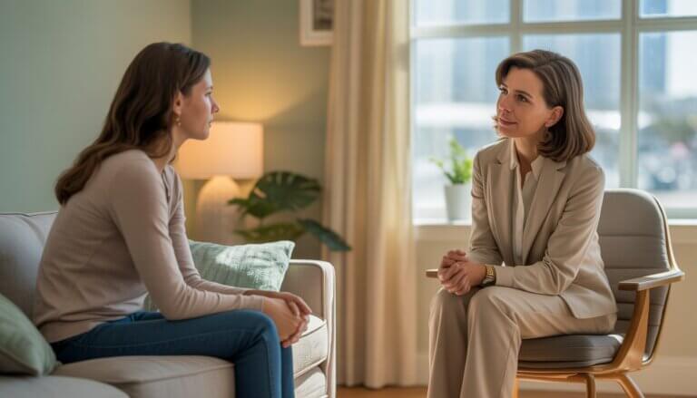 A therapist attentively listening to an emotional woman in a calm office with a window showing a sunny cityscape.