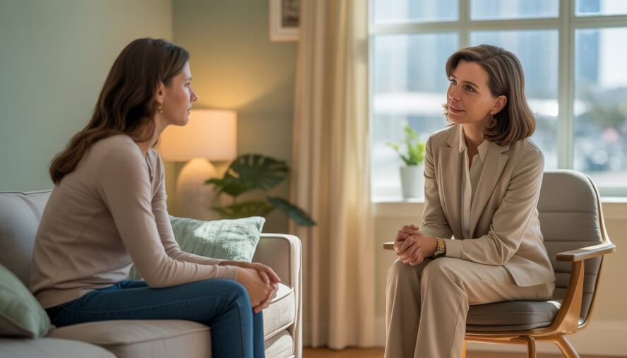 A therapist attentively listening to an emotional woman in a calm office with a window showing a sunny cityscape.