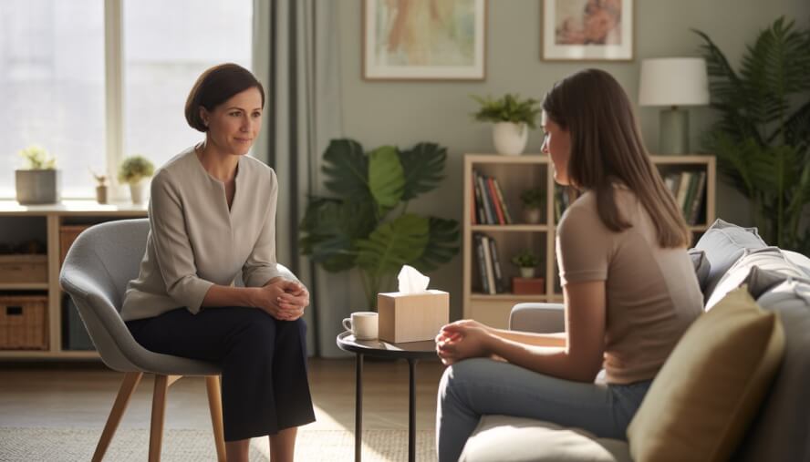 A therapist attentively listening to a woman in a warm, comfortable office setting.
