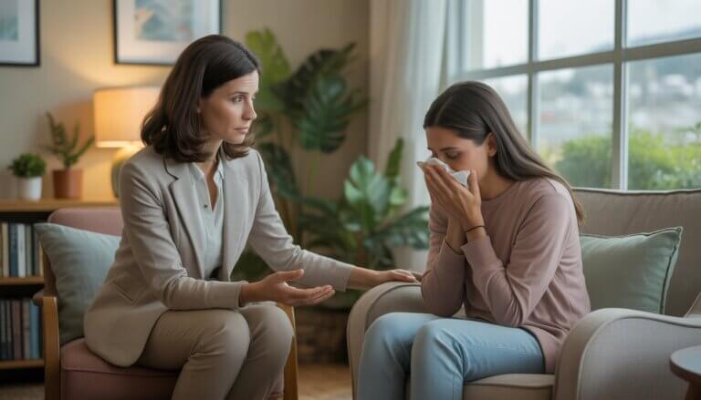A therapist comforting a woman in a cozy office with a window showing a city view.