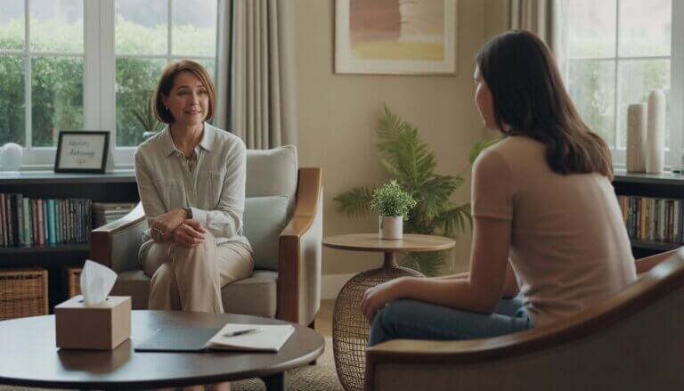 A therapist and a client sitting in a comfortable, well-lit office having a supportive conversation.