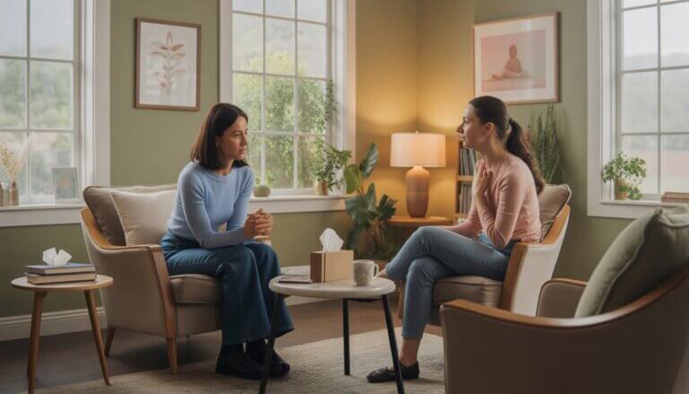 A female therapist attentively listens to a young woman in a cozy, softly lit therapy office with a peaceful view outside.