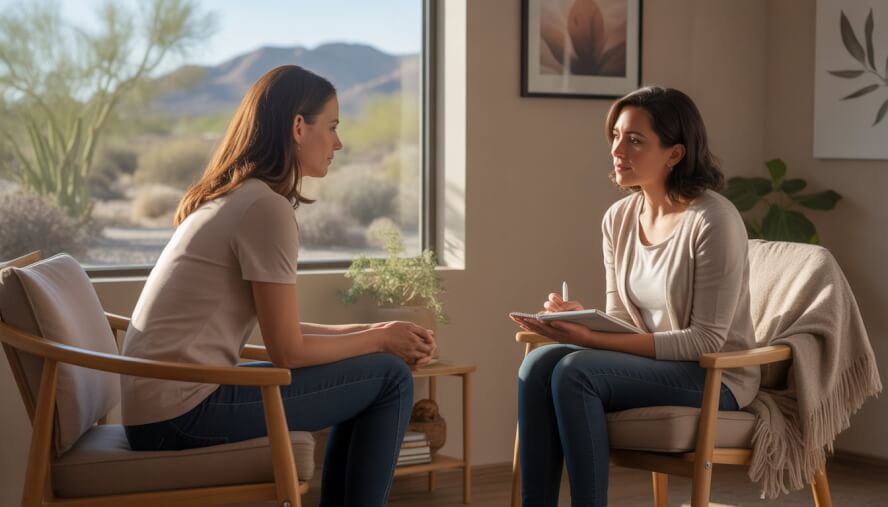 A therapist and a woman having a supportive conversation in a cozy office with a window showing desert plants and mountains outside.