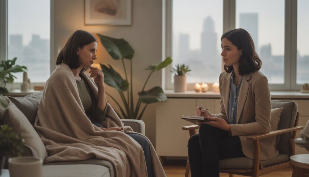A therapist attentively listening to a woman wrapped in a blanket during a counseling session in a bright room with a view of San Francisco.