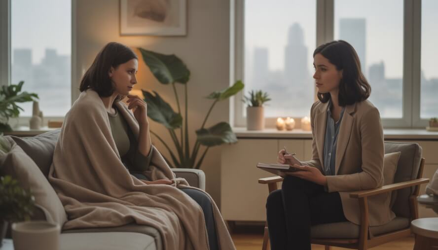 A therapist attentively listening to a woman wrapped in a blanket during a counseling session in a bright room with a view of San Francisco.