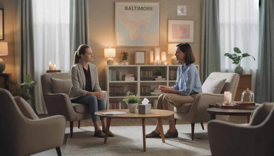 A therapist and a woman sitting in a calm therapy room with comfortable chairs and soft natural light, providing emotional support.