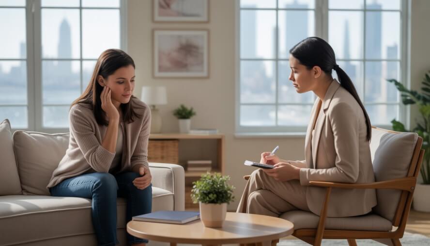 A therapist and a woman having a supportive conversation in a bright therapy office with a city view.