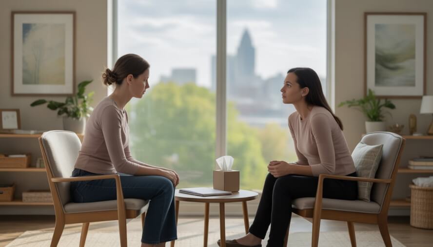 A female therapist attentively listening to a woman in a calm, warmly lit therapy office with a window showing a cityscape and greenery.