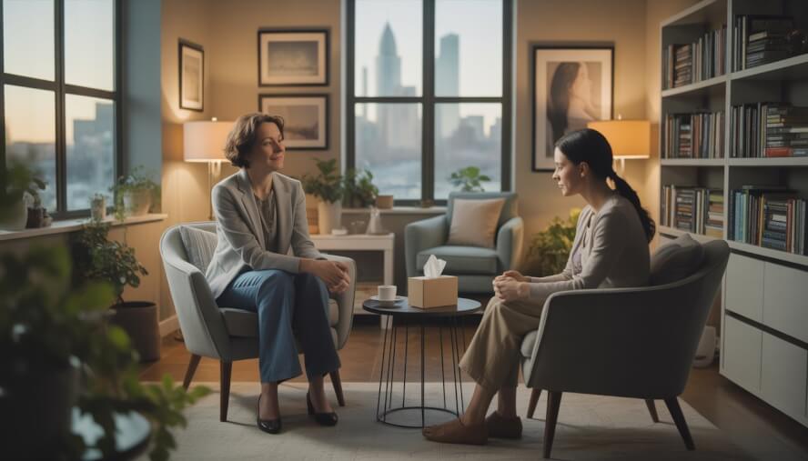 A therapist and a woman client sitting in a cozy office with a window showing Boston in the background, having a supportive conversation.