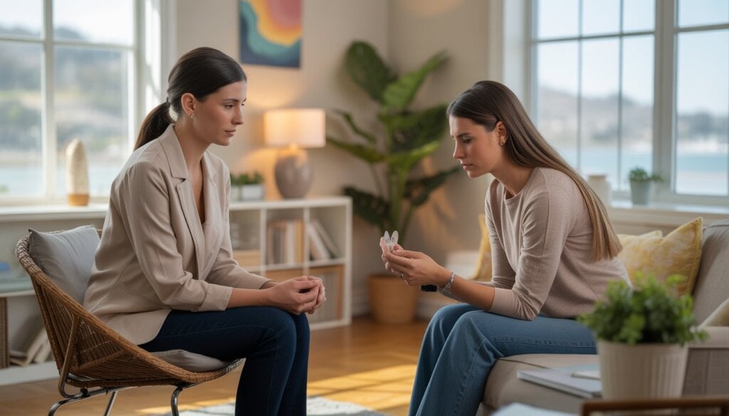 A therapist and a woman having a supportive conversation in a bright therapy office with a view of the San Diego coastline.