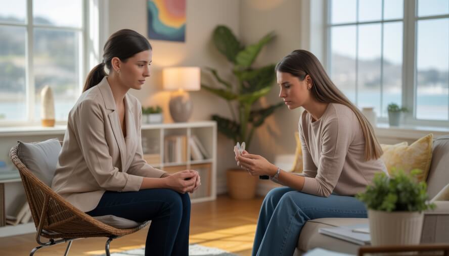 A therapist and a woman having a supportive conversation in a bright therapy office with a view of the San Diego coastline.