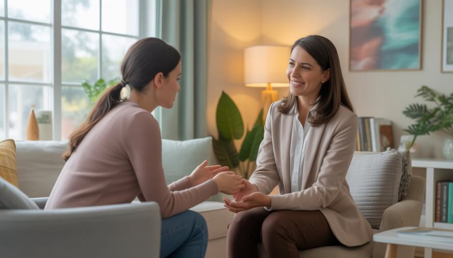 A female therapist listens supportively to an emotional woman during a counseling session in a bright, welcoming office.