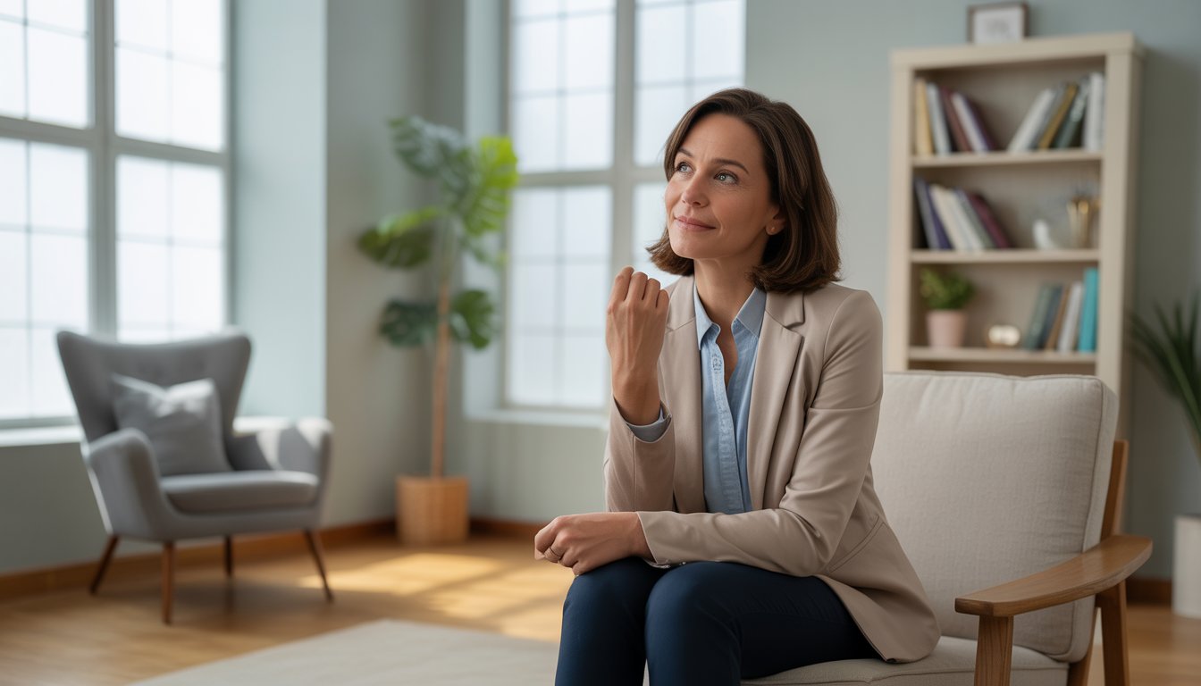 A female therapist sitting in a bright, comfortable office with a warm and empathetic expression.