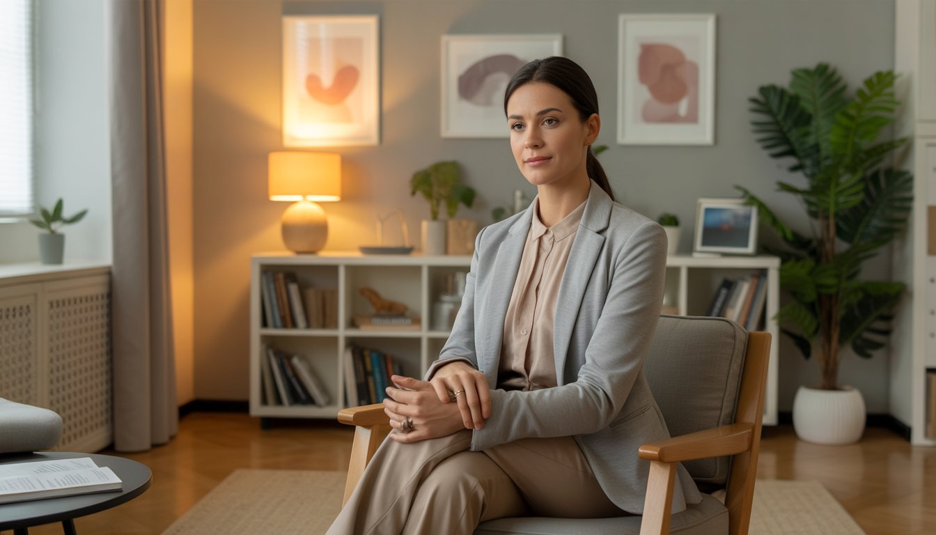 A female therapist sitting in a comfortable office, looking kind and approachable.
