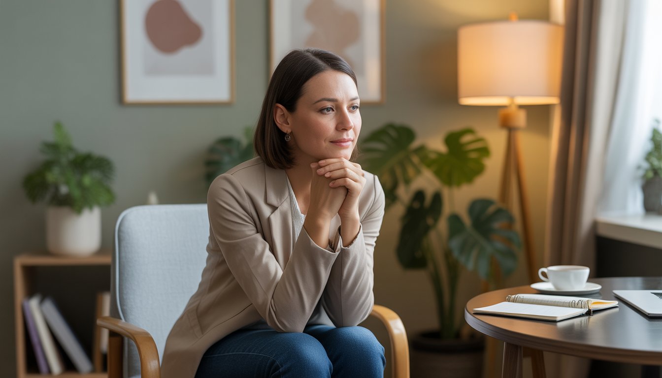 A female therapist sitting in a comfortable office, looking calm and compassionate.