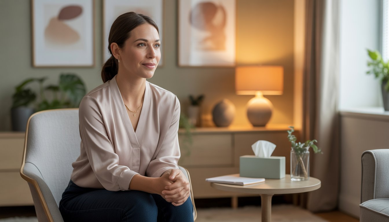 A female therapist sitting in a comfortable chair in a softly lit therapy room, looking compassionate and attentive.