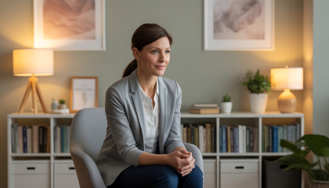 A female therapist sitting in a comfortable office, looking compassionate and supportive.
