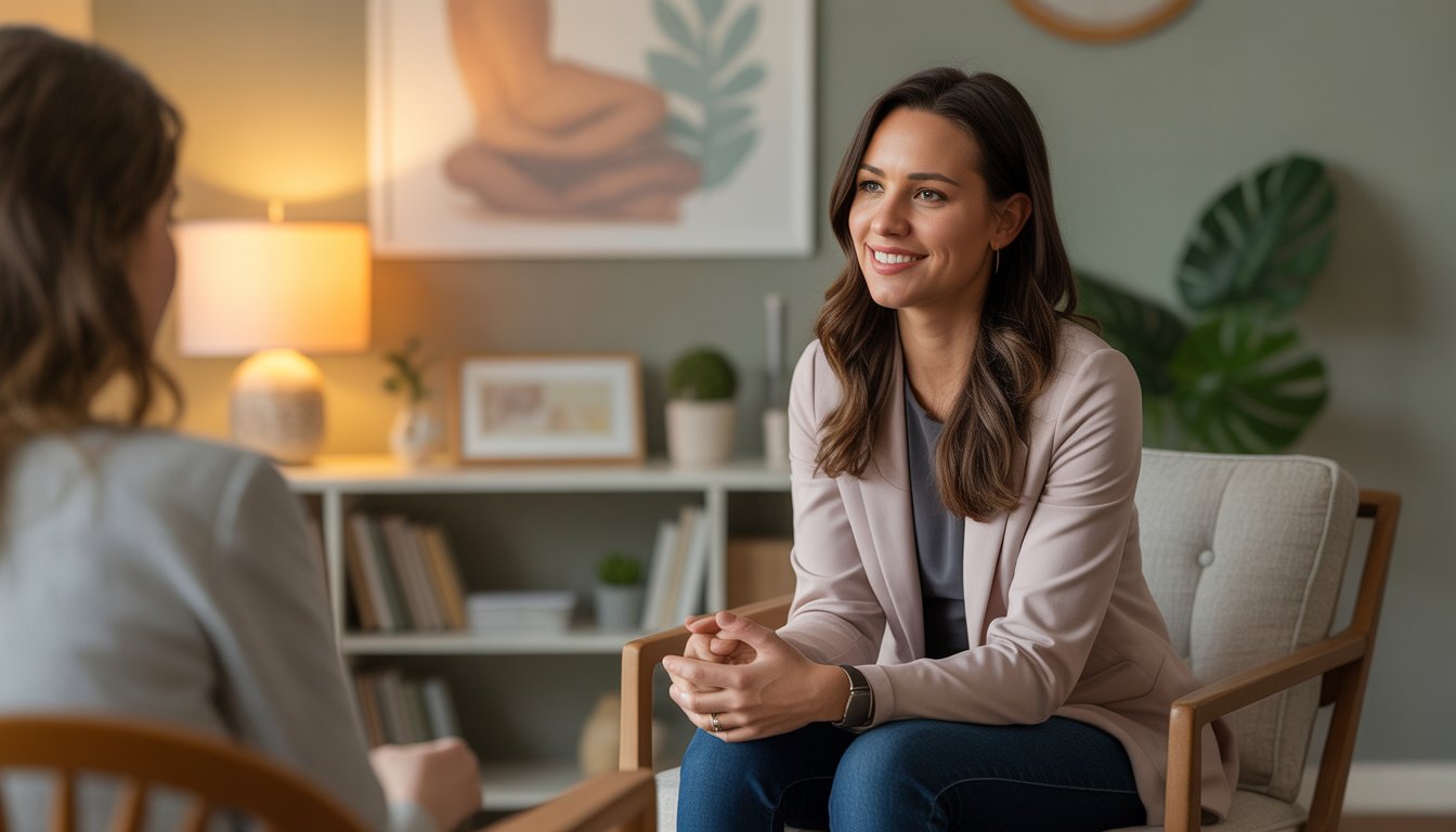 A female therapist sitting in a cozy office, attentively listening and smiling gently.