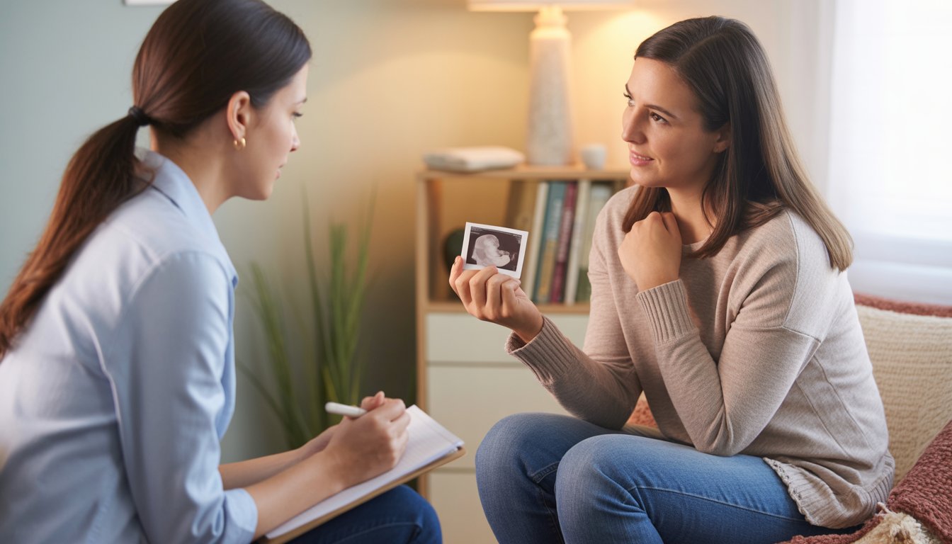 A therapist attentively listens to a woman in a cozy counseling room, conveying support during a therapy session about pregnancy loss.