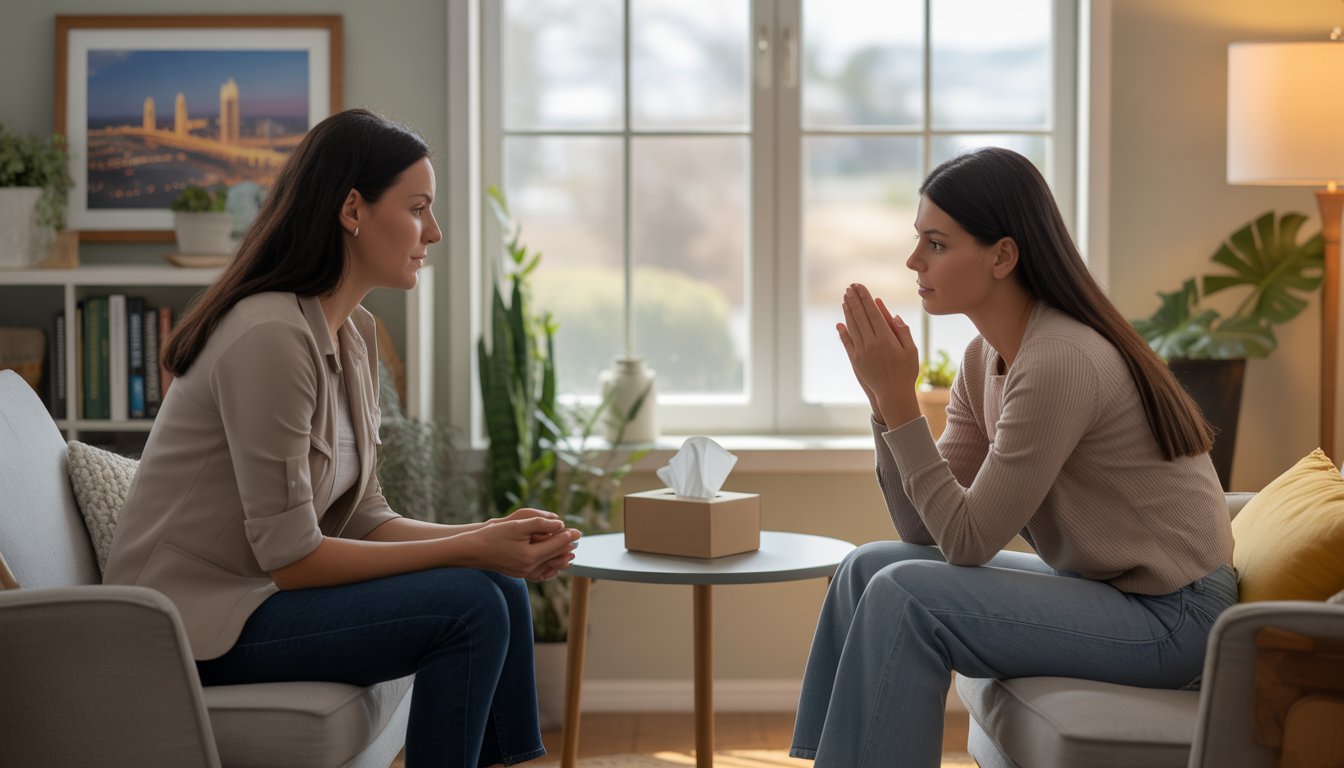 A female therapist attentively listening to a young woman in a cozy therapy office with soft lighting and calming decor.