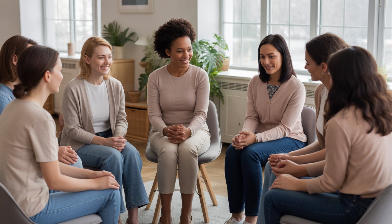 A diverse group of women sitting in a circle in a bright room, engaged in a supportive counseling session led by a female therapist.