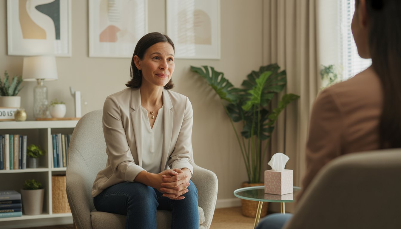 A female counselor sitting in a comfortable office, smiling gently and creating a supportive atmosphere.