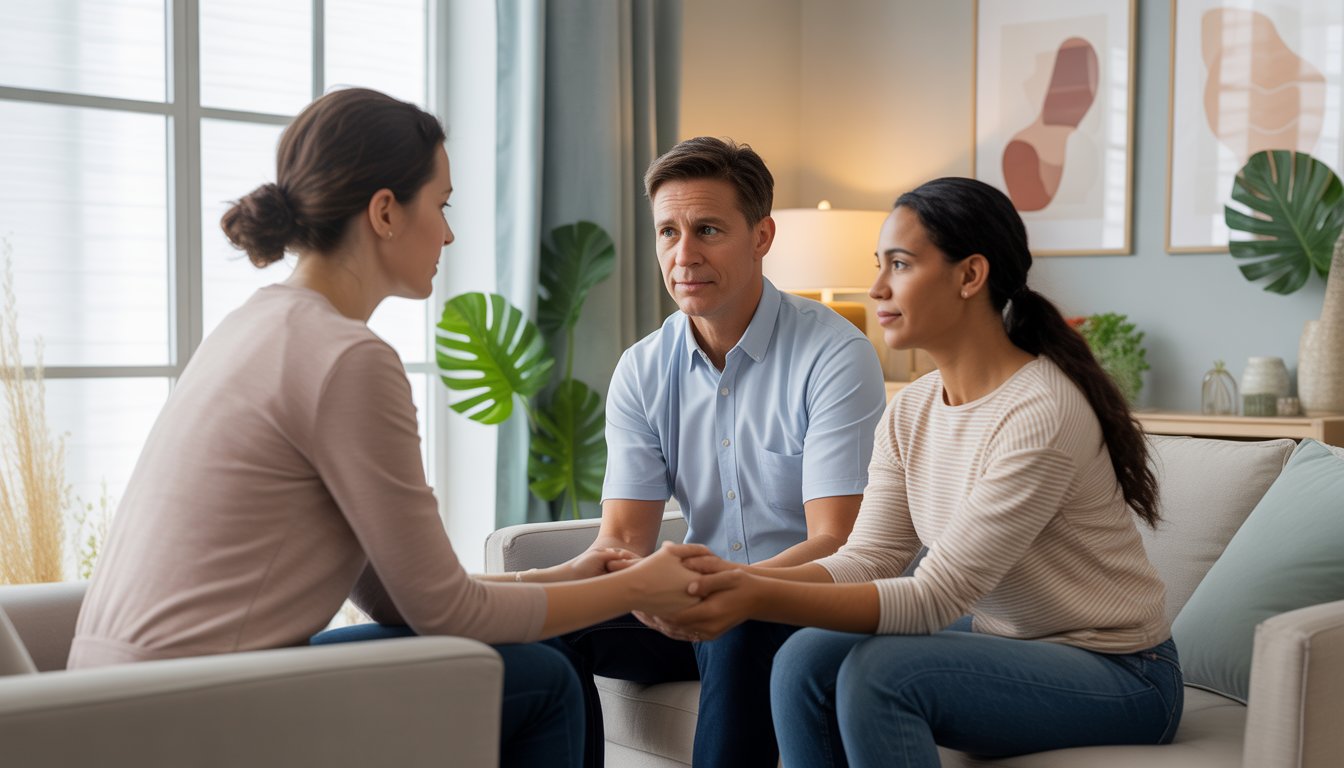 A therapist talking with a couple holding hands in a calm, softly lit therapy office.