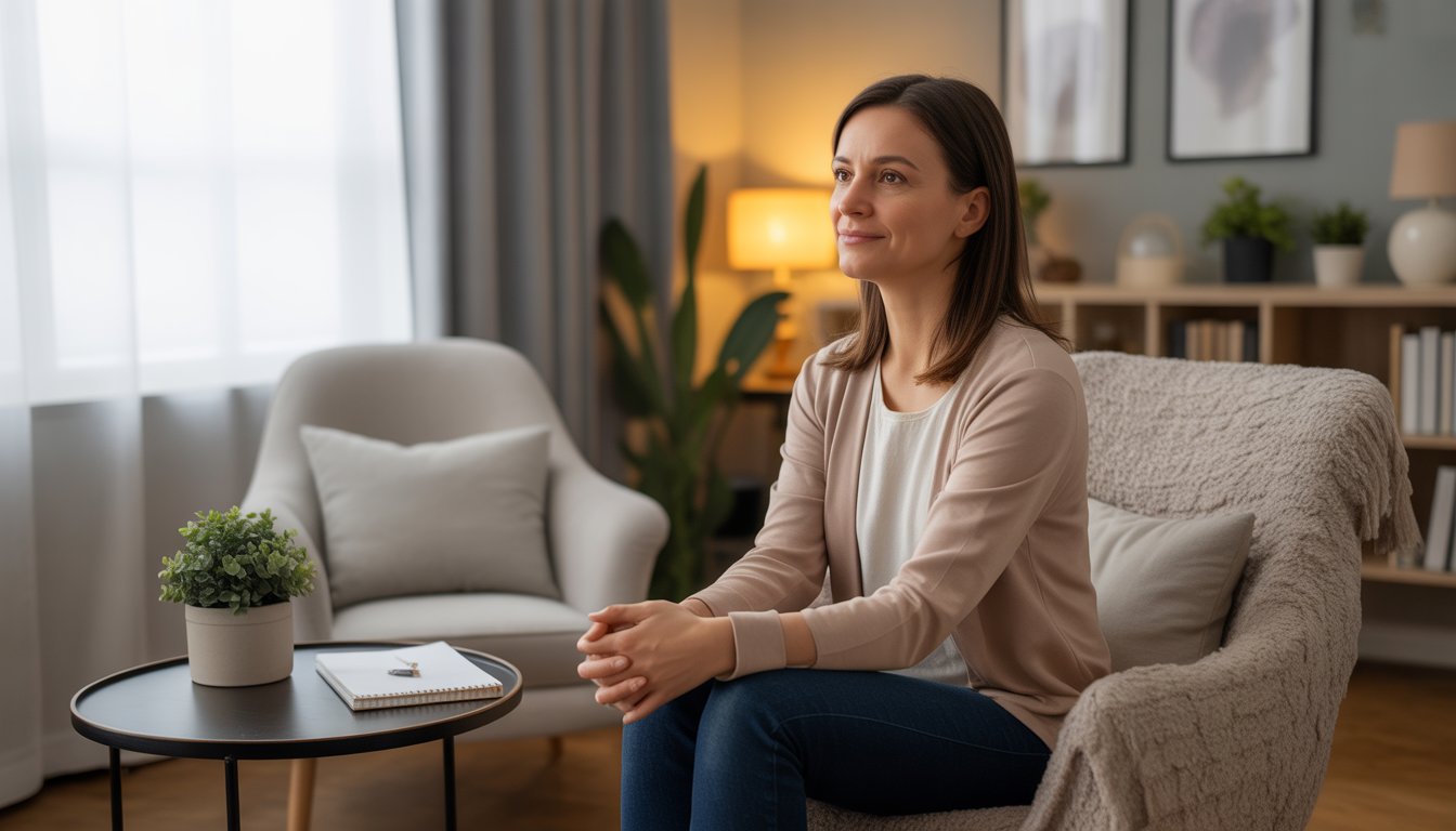 A female therapist sitting in a comfortable, well-lit therapy room with cozy furniture and calming decor.