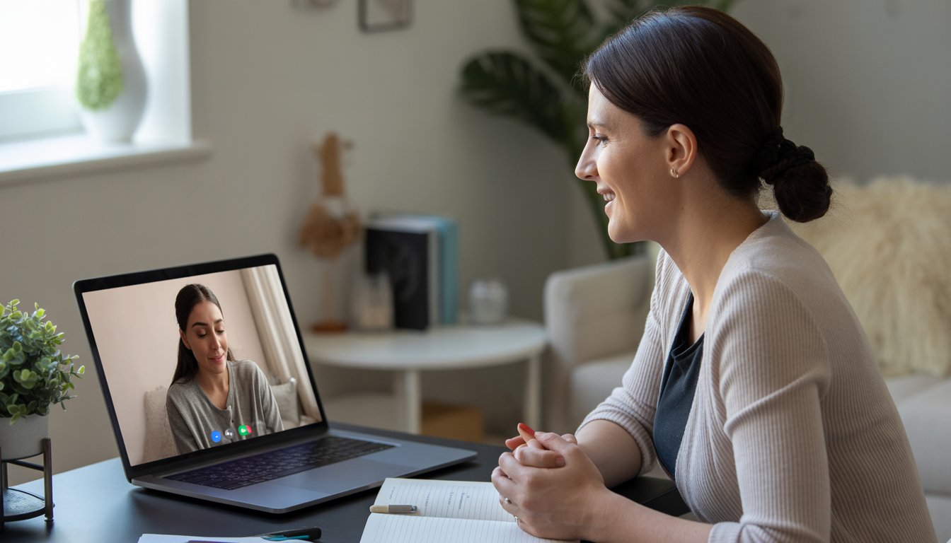 A female therapist and a young woman client engaged in a virtual counseling session about miscarriage support, with both visible on a laptop screen in comfortable home settings.