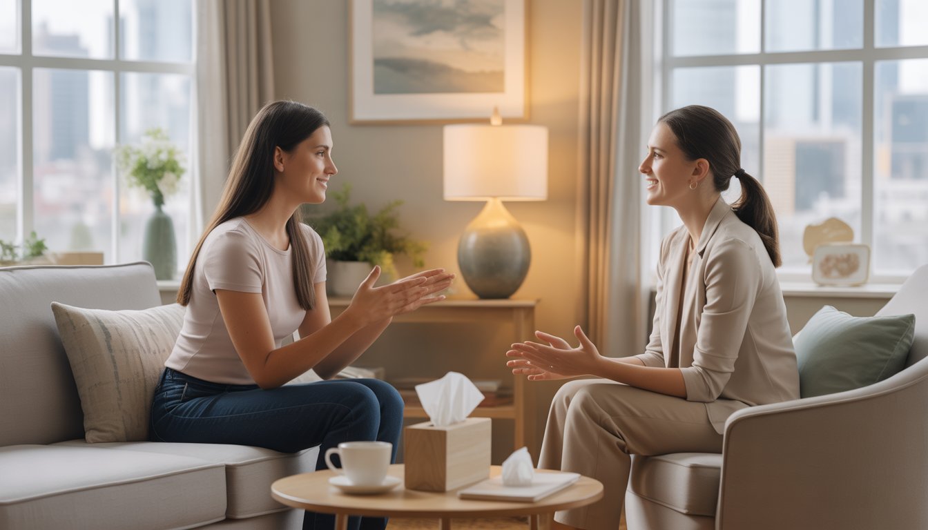 A therapist and a young woman having a supportive conversation in a softly lit therapy office with a view of Charlotte city outside the window.
