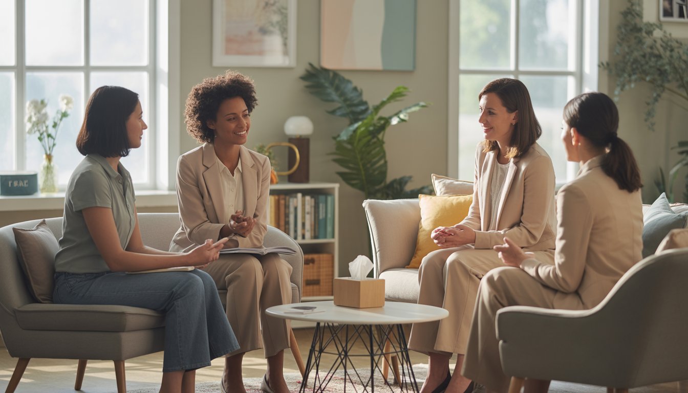A woman receiving supportive counseling from female therapists in a warm, comfortable office setting.