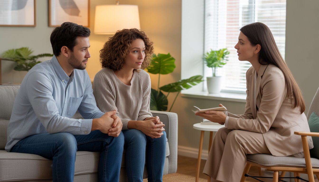 A therapist attentively listening to a couple in a counseling office with warm lighting and plants.