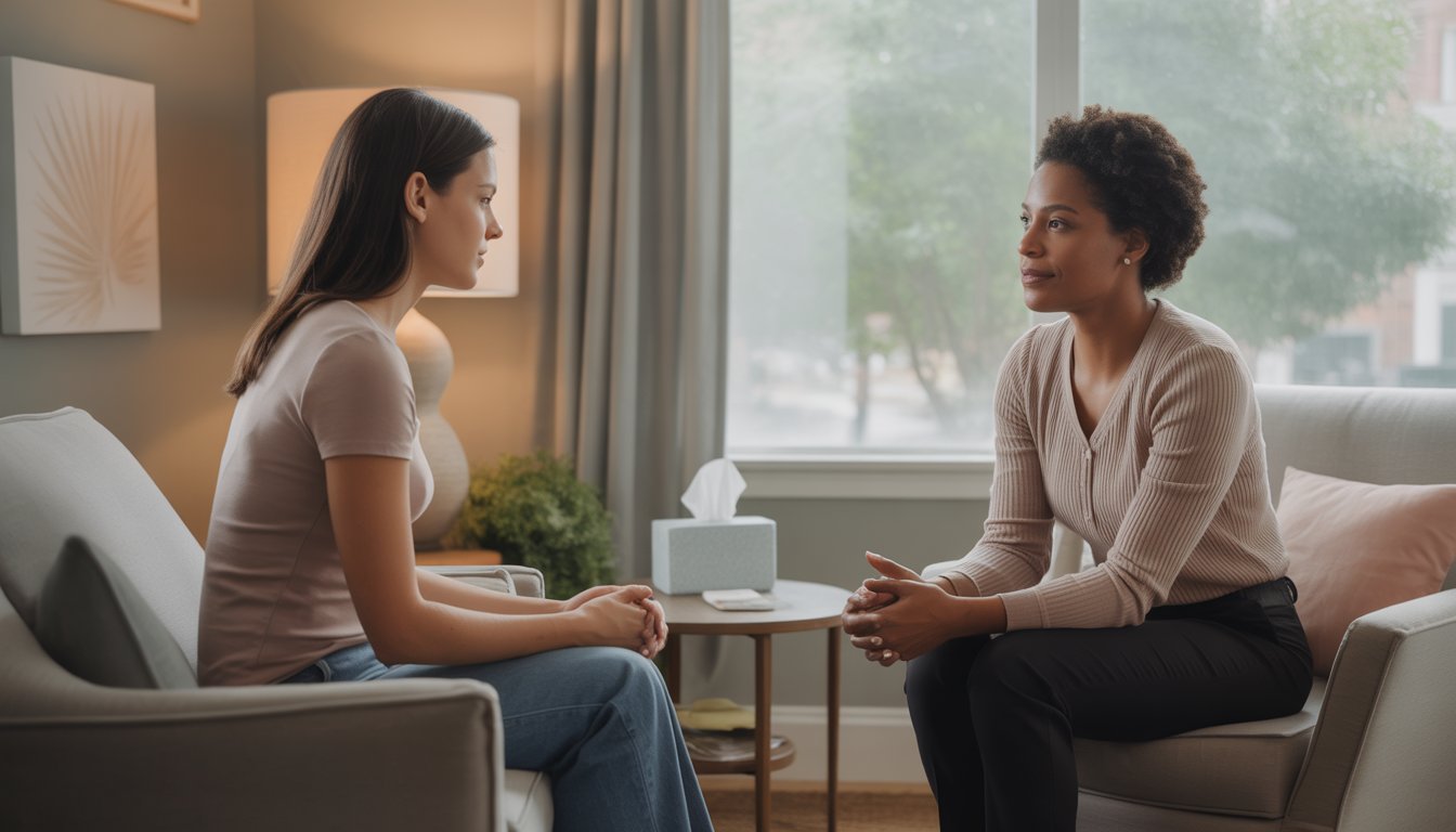 A therapist and a young woman sitting in a calm office, engaged in a supportive conversation.