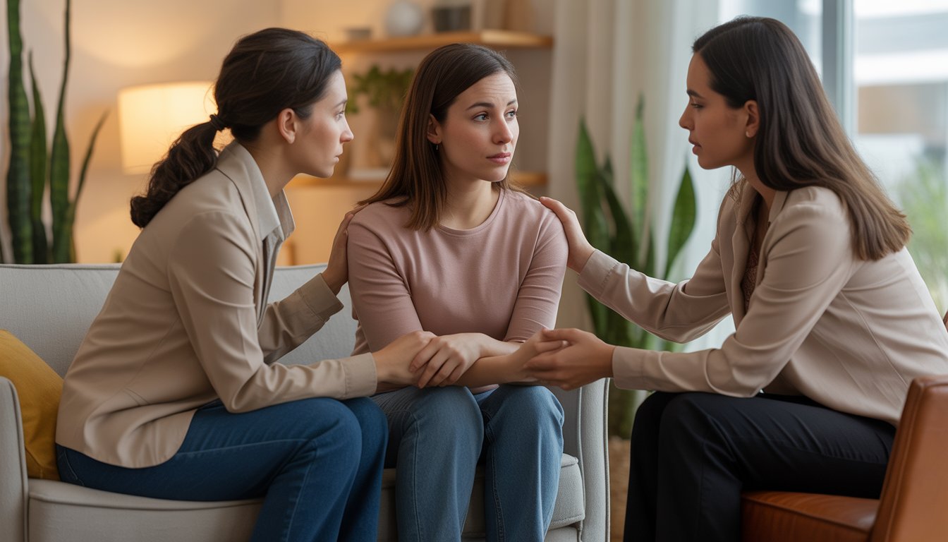 Two therapists comforting a woman in a warm, softly lit therapy room, offering support during a difficult moment.