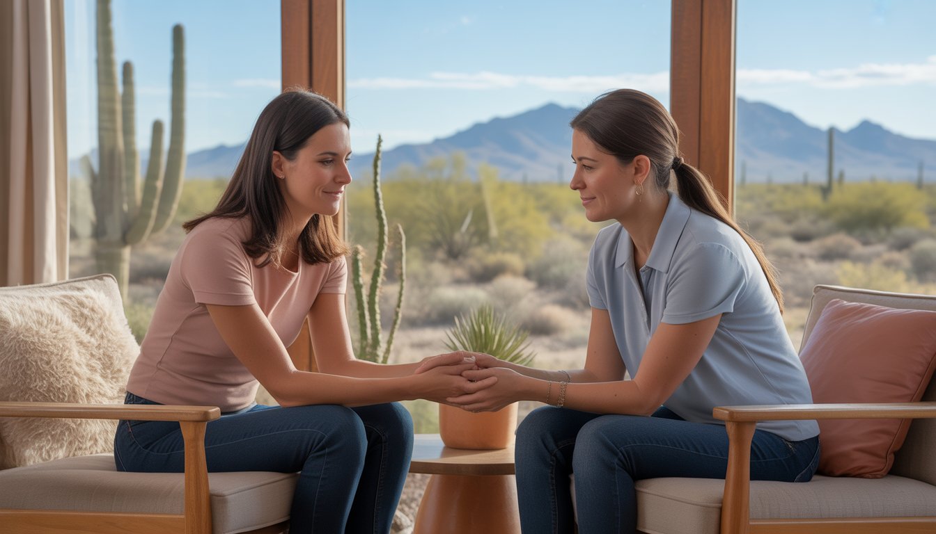 Two women in a comfortable room near the desert, engaged in a supportive counseling session.