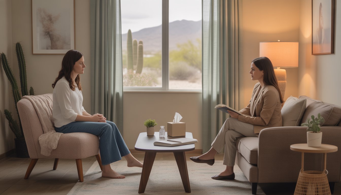 A therapist and a woman client sit in a comfortable therapy office with soft natural light and desert landscape visible through the window.