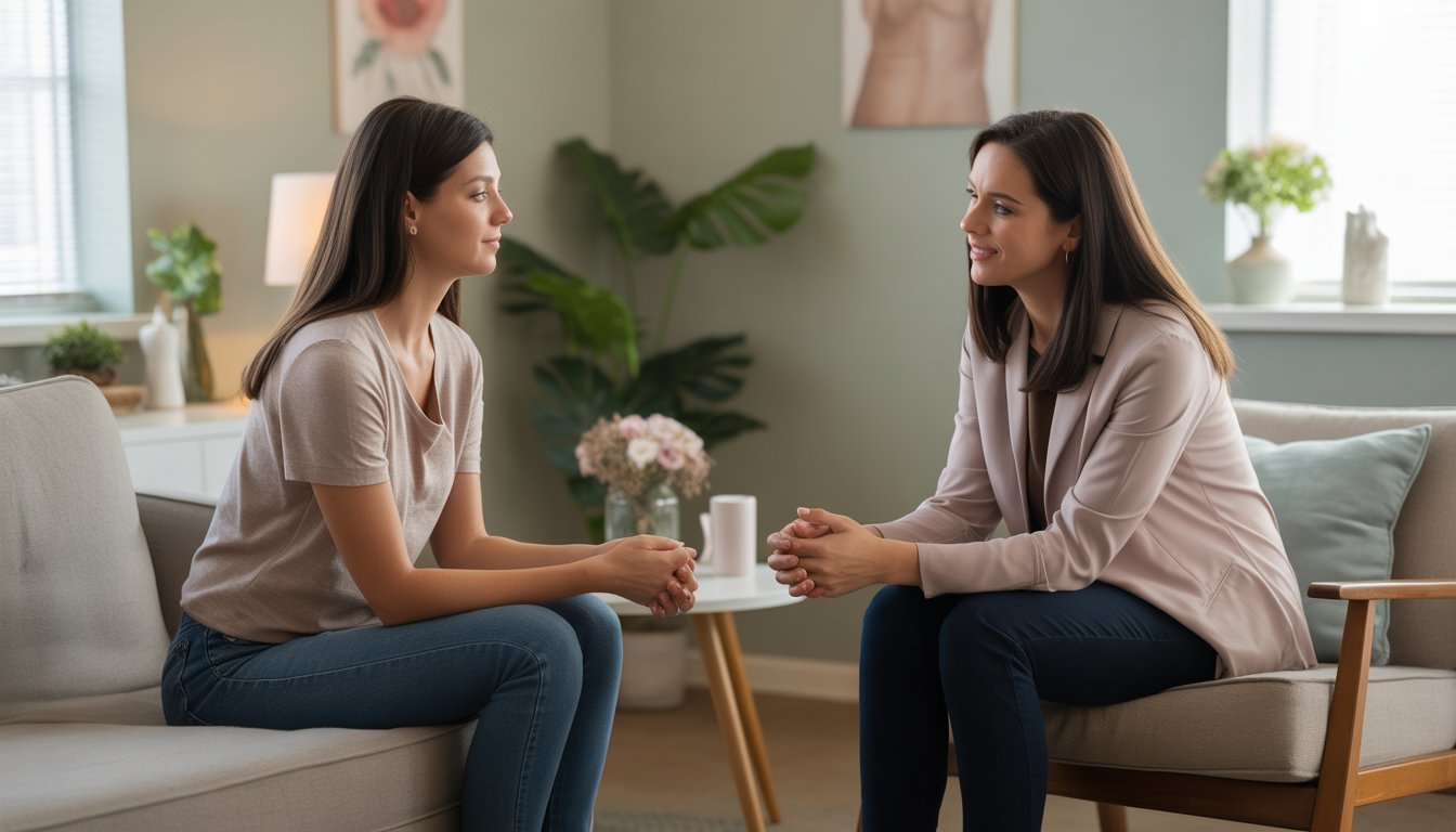 A female therapist and a young woman sitting in a calm office, engaged in a supportive conversation.